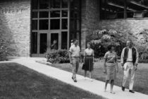 Students walk near the former library (now Lubbers Center for Visual Arts) in the early 1960s.