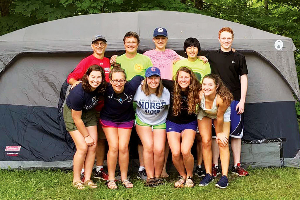 Former roommates Stephen Fyfe ’87 and Brian Boersma ’87 on a recent camping trip with Tim Boersma, high school exchange student Tsukasa Yano, Josh Boersma, Rebekah Fyfe, Abby Fyfe ’18, Rachel Fyfe, Claire Boersma and Stephanie Boersma.