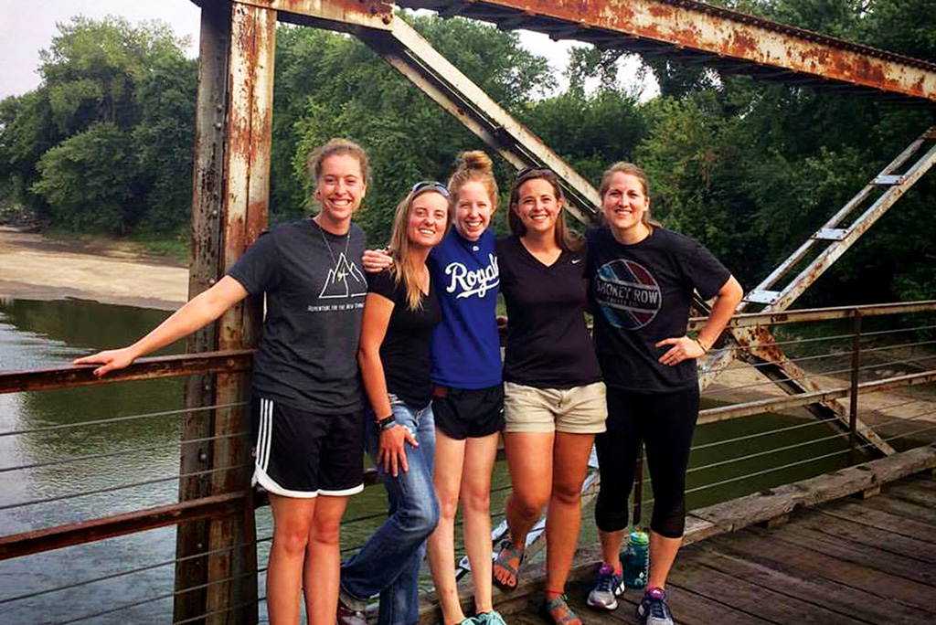 Sarah Paulson ’12, Katie Kepford ’13 and Regan Jamieson Minaudo ’13 with Bobst and Hopkins during a 2017 get-together.