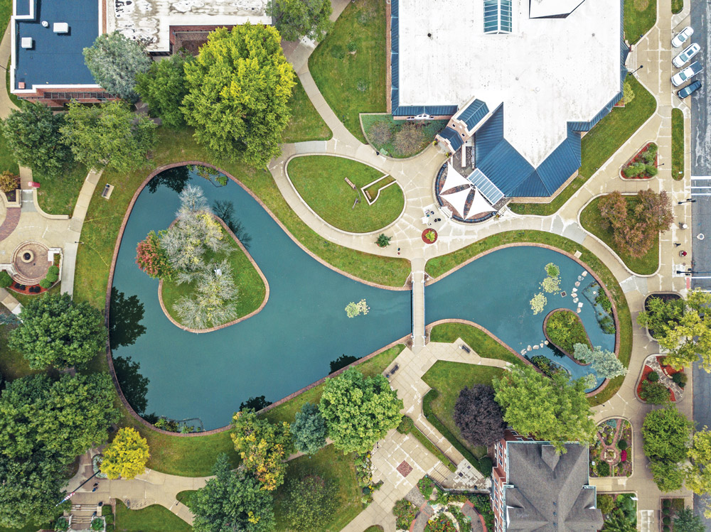 A drone’s eye view of the campus pond on a glass-calm day.