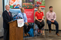 Left to right: Mark Putnam, president; Keith Jones, Mark and Kay DeCook Endowed Chair in Character and Leadership Development and professor of psychology; Anne Williamson ’20; and Parker Majerus ’20 field questions from the media at a news conference announcing Central’s new annual tuition price.
