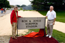 Joyce Schipper with former Central President David Roe at the naming of the Ron & Joyce Schipper Stadium in 2006.