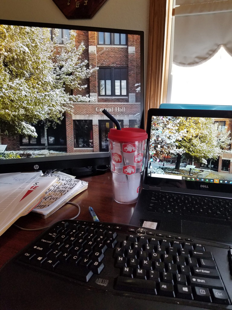 Many faculty and staff members worked remotely during early months of the pandemic. Jeanette Budding, Central’s prospect management and research coordinator, made sure her home office had plenty of reminders of campus.