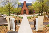 A memorial to Central’s veterans flanks the college’s new Peace Mall history garden and Wallace Spencer Stepenske ’64 Amphitheater