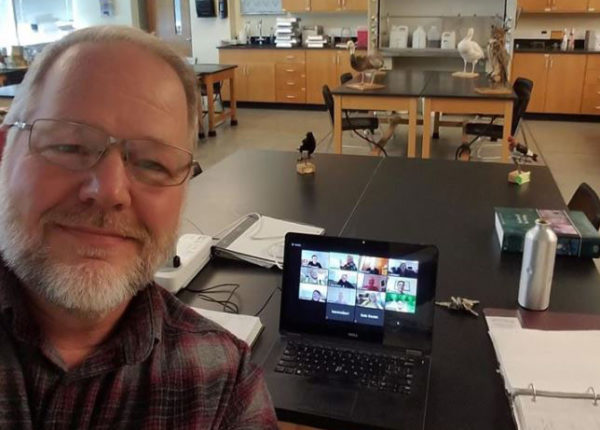 Flocking to class: Professor of Biology Russ Benedict missed having students physically present to watch his lab demonstrations during remote learning. So he invited the department’s collection of stuffed bird specimens to sit in for them during his Zoom ornithology teaching sessions.