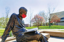 A thoughtful Central community member fitted The Quest, Central’s bronze likeness of Harold Geisler, with a mask while studying and practicing physical distancing on the Peace Mall.