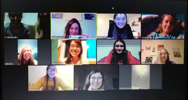 Madison Zink ’23 and fellow students during their first virtual Bible study meeting.