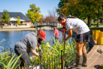 Students working near the pond during Service Day 2020.