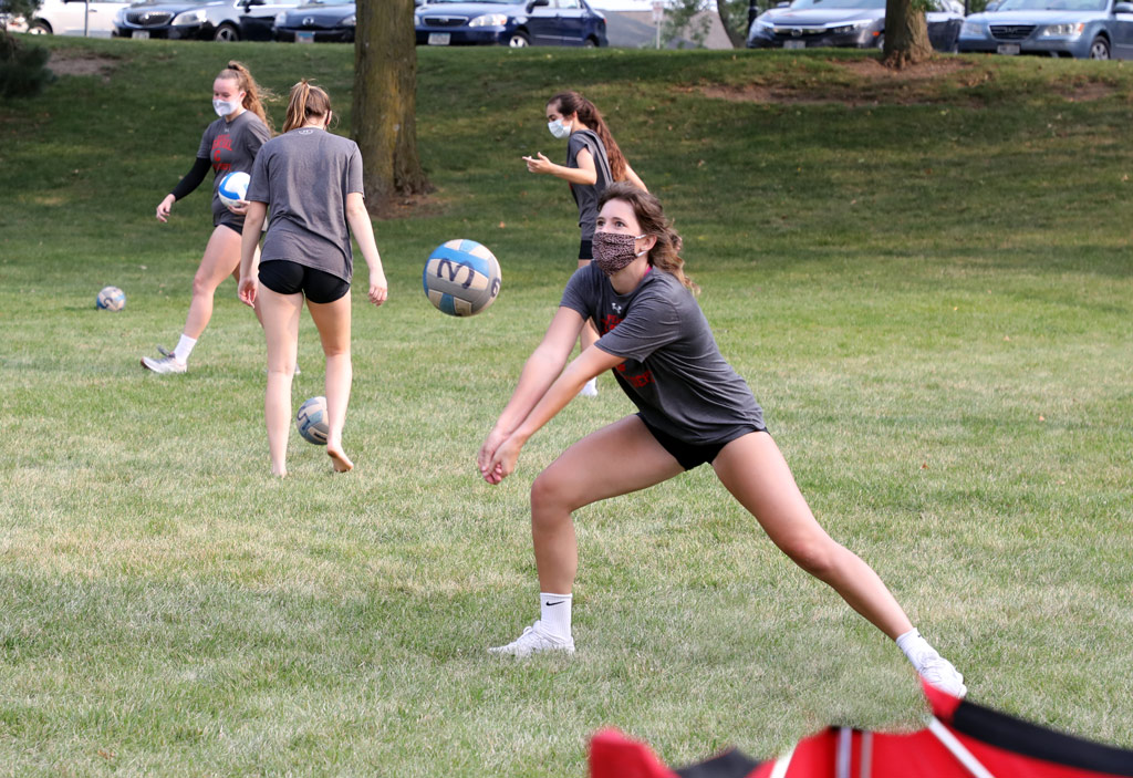 The need to remain physically distanced forced the Central volleyball team to send small segments of its squad to locations beyond P.H. Kuyper Gymnasium, even outdoors, where Krissa Larson ’22 got some early fall season practice.