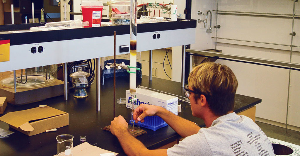 Daniel Flaherty ’05spent time in the chemistry lab working on research with Central Professor of Chemistry James Shriver. Photo supplied by Flaherty