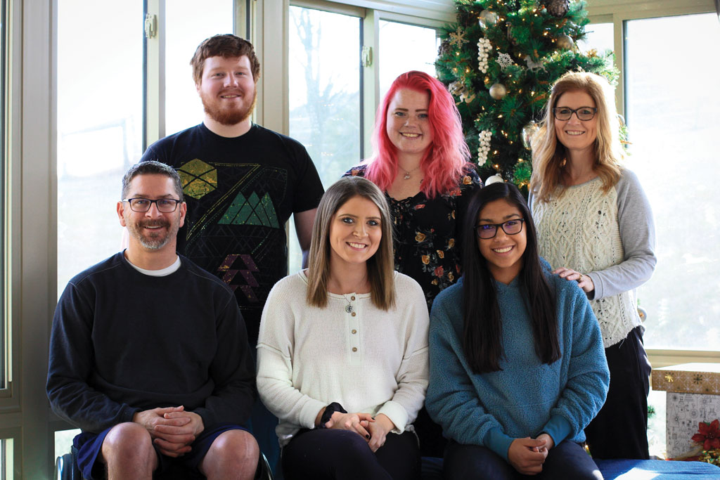 The Furness family: front row left to right: Dean Furness ’94, Raigen Furness ’20 and Angelina Furness. Back row, left to right: Levi Shepherd, Taylar Furness Shepherd and Deonne Furness.