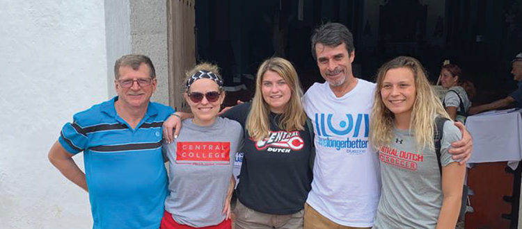 (L-R): Rogelio Barrantas Arias; Sara Shuger Fox, associate professor of exercise science; Cierra Rustad ’20; Jorge Vindas; and Sarah Casterline ’20. Shuger Fox, Rustad and Casterline traveled to Nicoya, Costa Rica, to study blue zones. There they met with Vindas, founder of the Blue Zone Association of Nicoya, and were led by Arias, a local guide. Photo supplied by Shuger Fox.