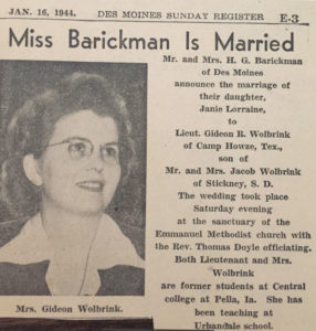 Newspaper clipping announcing Harriet Wolbrink's marriage.