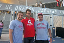 Jim Fuller, associate head men’s and women’s track coach (right), Kurtis Brondyke ’11 (center) and Will Daniels ’19 enjoyed the thrill of hearing the words “Central College” announced at events more than once during Olympic Trials this summer.