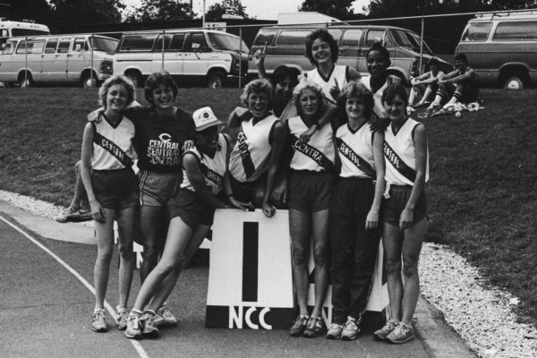 These 10 women rolled up 151 points to give Central a runaway win in the first NCAA Division III Women’s Track and Field Championship in 1982 in Naperville, Illinois. Front row (left to right): Jackie Schwers Duffy ’85N, Rose Van Egmond ’84, Jean Sedlacek Manecke ’85, Lisa Broek ’83, Macie Thurn Rohach ’83, Nancy Cisar Nelson ’84 and Kim Lehman Honert ’84N. Back row: Laurie Haddy Hepker ’83, Cam Ratering McCalmont ’82 and Paula Casey Cooper ’82.