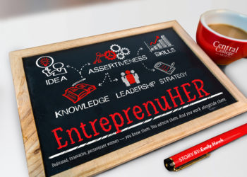 Graphic showing keywords on a chalkboard, along with the story title, "EntreprenuHER."