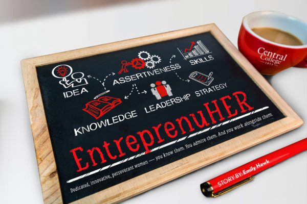 Graphic showing keywords on a chalkboard, along with the story title, "EntreprenuHER."