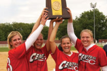 The 10th NCAA Division III Championship trophy won by a Central women’s team was hoisted in 2003 by softball captains Libby Hysell Carlton ’03, Mary Vande Hoef ’03, Kris Hughes Gardner ’03 and April Miller Hicks ’03 in Salem, Virigina.