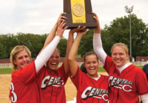 The 10th NCAA Division III Championship trophy won by a Central women’s team was hoisted in 2003 by softball captains Libby Hysell Carlton ’03, Mary Vande Hoef ’03, Kris Hughes Gardner ’03 and April Miller Hicks ’03 in Salem, Virigina.