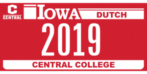 Example of Central College license plate design for the state of Iowa