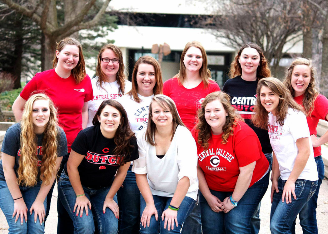 Justine Jackovich Hines ’13 decided to pursue a career in higher education thanks to her experience as a resident assistant at Central. Hines was one of 11 RAs for Gaass 3rd Center. Pictured in the front row from left to right are Jordan Stevens ’16, Randie Dixon Gist ’16, Hines, Allyson Mann ’16 and Angie Allgood ’16. Pictured in the back row from left to right are Clarissa LaPlante Ruiz ’16, Trisha Smith ’16, Katie Todd ’16, Chelsea Brandt ’15, Ashley Cliff ’16 and Anna Bowser ’16.