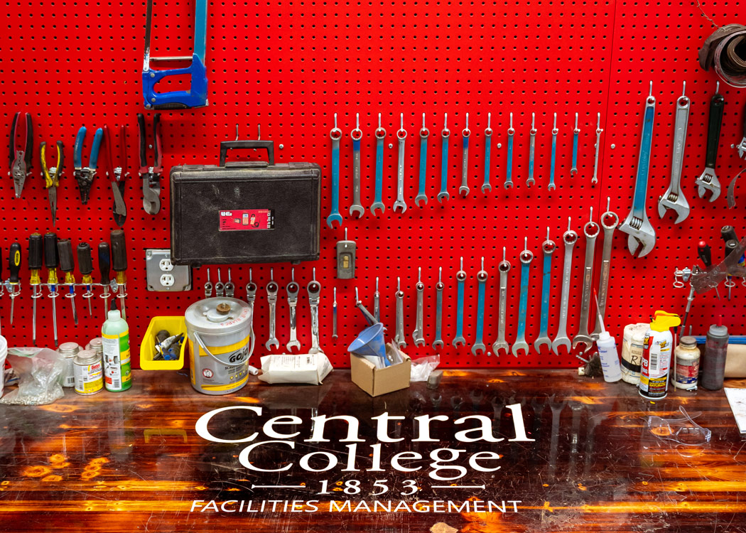 A workbench in the Central College facilities management building.