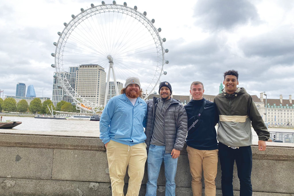 Jake Suggett ’20 (left), with some University of West England classmates on an excursion to London, plans to travel to the European mainland in the year ahead as well.