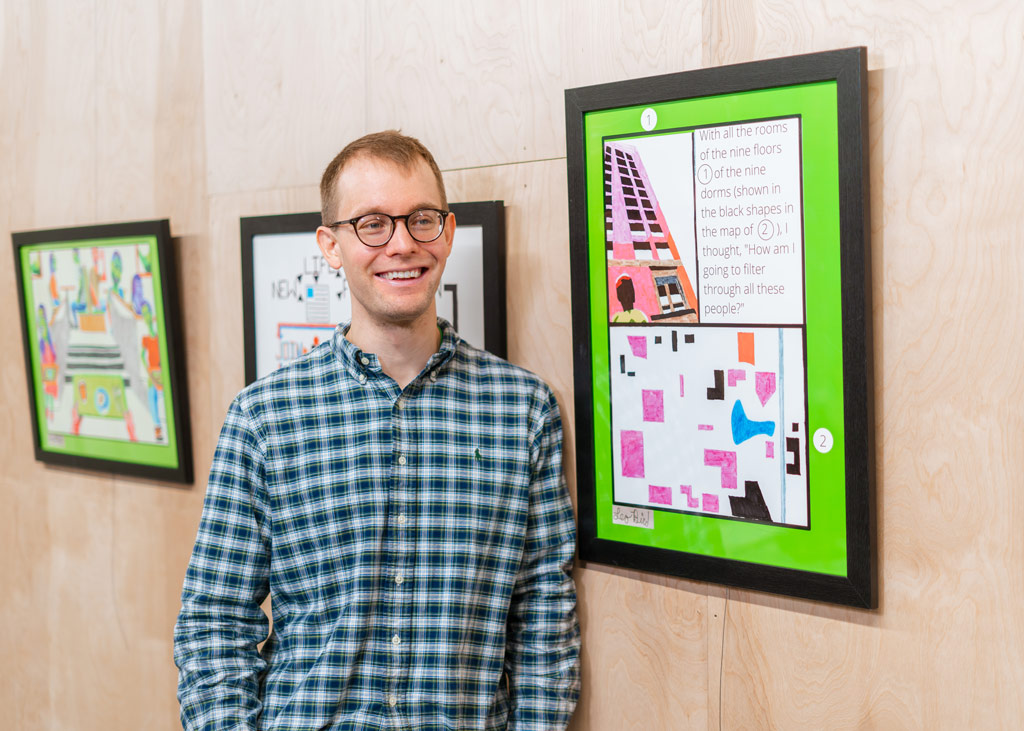 Leo Bird ’14 is defining his passion for storytelling with pictures drawn from his Central experiences. Pictured above is a drawing representing residents halls on campus.