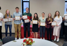 Individuals recognized during Central College’s Student Development Awards program are, from left: Keaton Rodgers ’23, Quinn Deahl ’23, Caleb Viers ’22, Gannon Oberhauser ’24, Gabby Petruzzello ’24, Ashley Lupkes ’23, Jaymi Gibbs ’24, Lillie McKee ’25 and Brad DiLeo ’22.