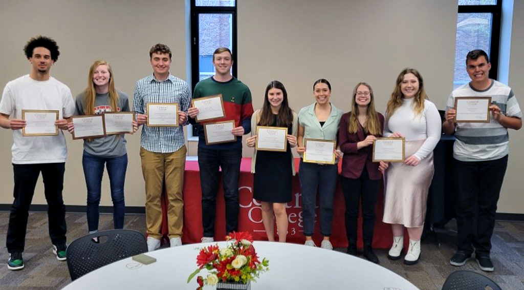 Individuals recognized during Central College’s Student Development Awards program are, from left: Keaton Rodgers ’23, Quinn Deahl ’23, Caleb Viers ’22, Gannon Oberhauser ’24, Gabby Petruzzello ’24, Ashley Lupkes ’23, Jaymi Gibbs ’24, Lillie McKee ’25 and Brad DiLeo ’22.