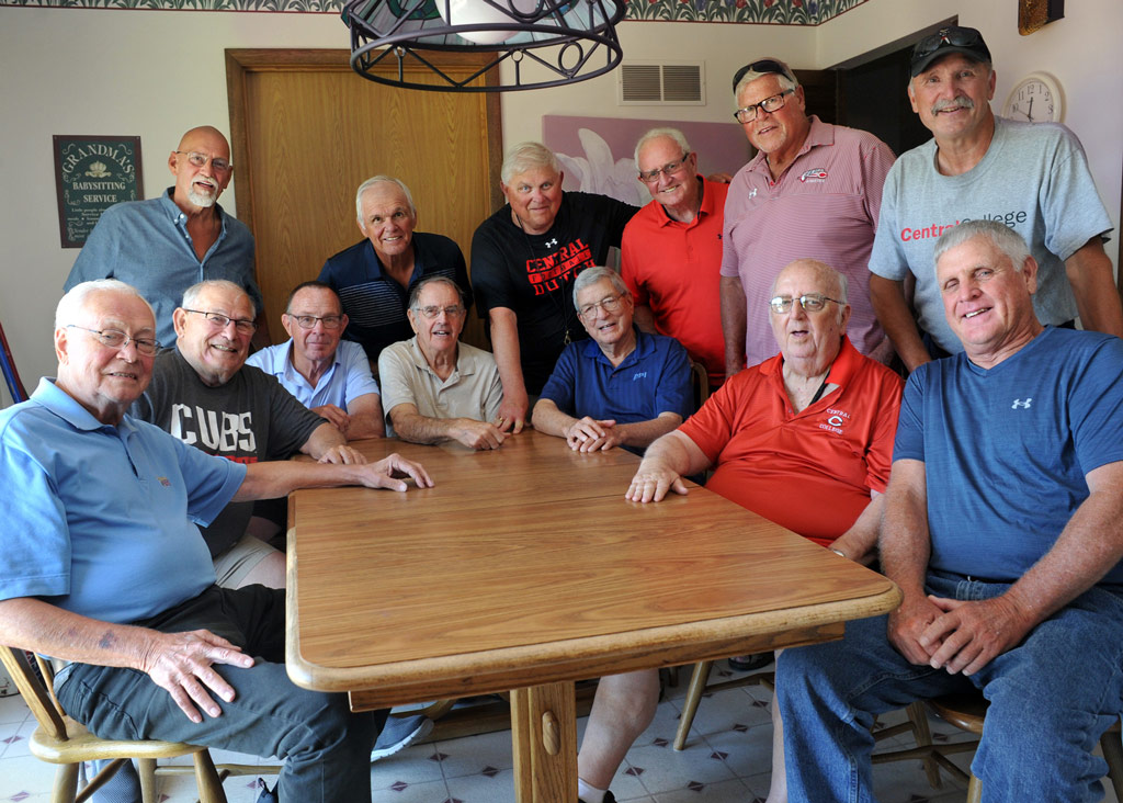 Several of Max “Dubit” Vander Pol’s friends and some former Central student employees at Dubit’s Steak House in the 1960s-70s dropped in to his Pella home in June. Seated, left to right: John Carle ’60, John Danks ’69, Steve Paris ’73, Tom Hall ‘61, Herb Blom ’61, Max Vander Poland Cliff Marlow ’75. Standing: John Goode ’79, Steve Bancroft ’70, Alex Glann ’69, Del Miller ’72, Al Dorenkamp ’75 and Al Paris ’77.