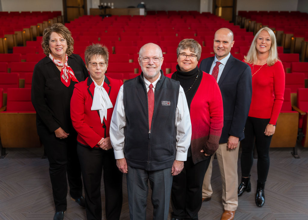 Central College President and Senior Leadership Team. Left to right: Carol Williamson, vice president for student development and dean of students, Karen Tumlinson, vice president for finance and administration/treasurer, Mark Putnam, president, Mary E.M. Strey, vice president for academic affairs/dean of faculty, Chevy Freiburger, vice president for enrollment management and dean of admission and Sunny Gonzales Eighmy ’99, vice president for advancement.