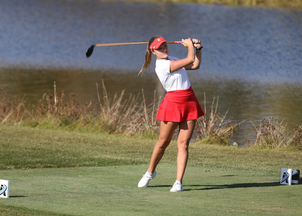 Thea Lunning ’23, shown above at the American Rivers women’s golf tournament in Ames, placed second, gaining all-conference distinction for the second time and helping Central to the team title.